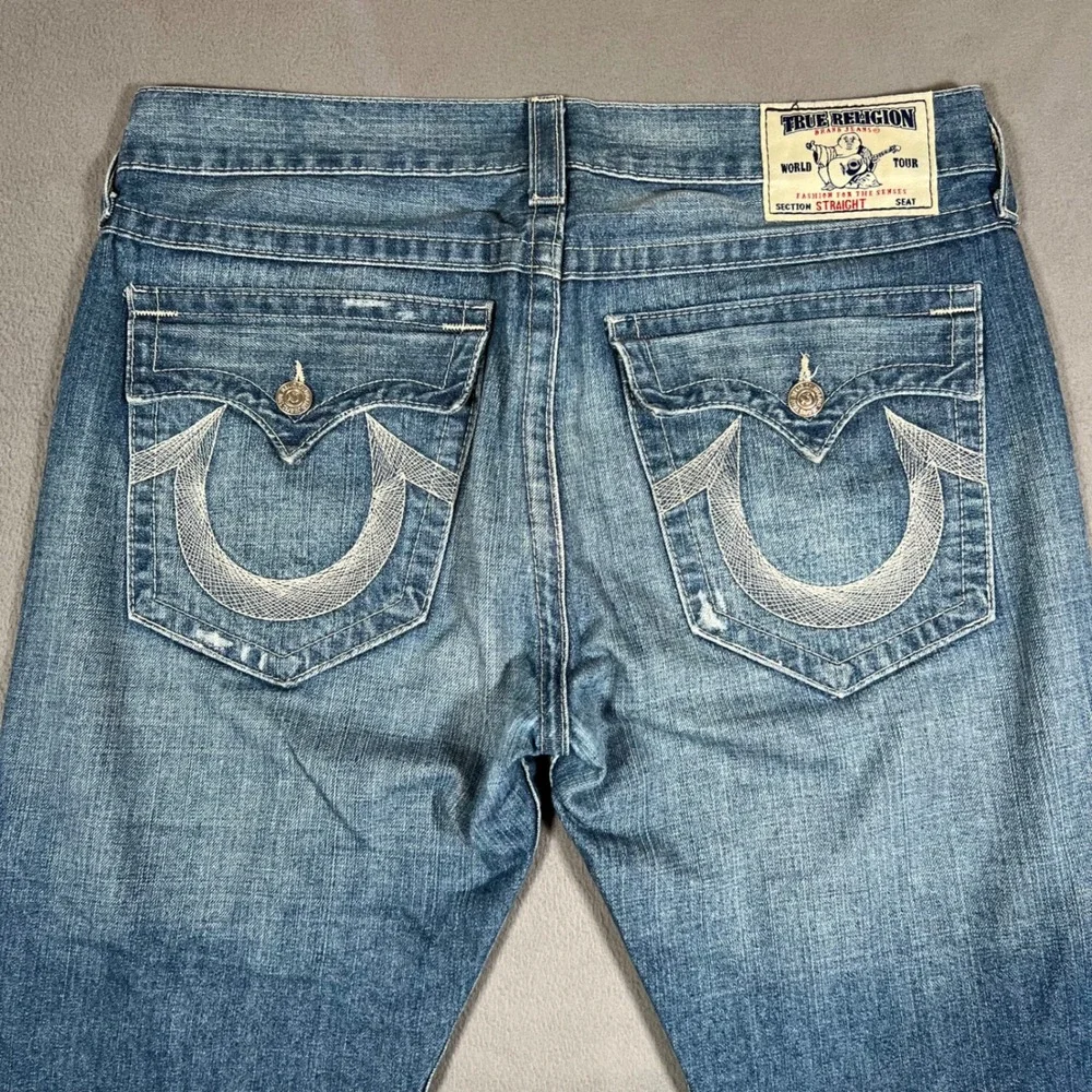 True Religion Jeans Mens Size 36 Straight Leg Denim Blue Made in USA Flap Pocket